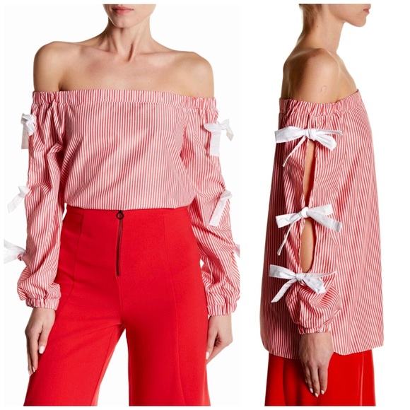Do+Be Striped Off Shoulder Bow Tied Sleeves Blouse - Picture 2 of 12